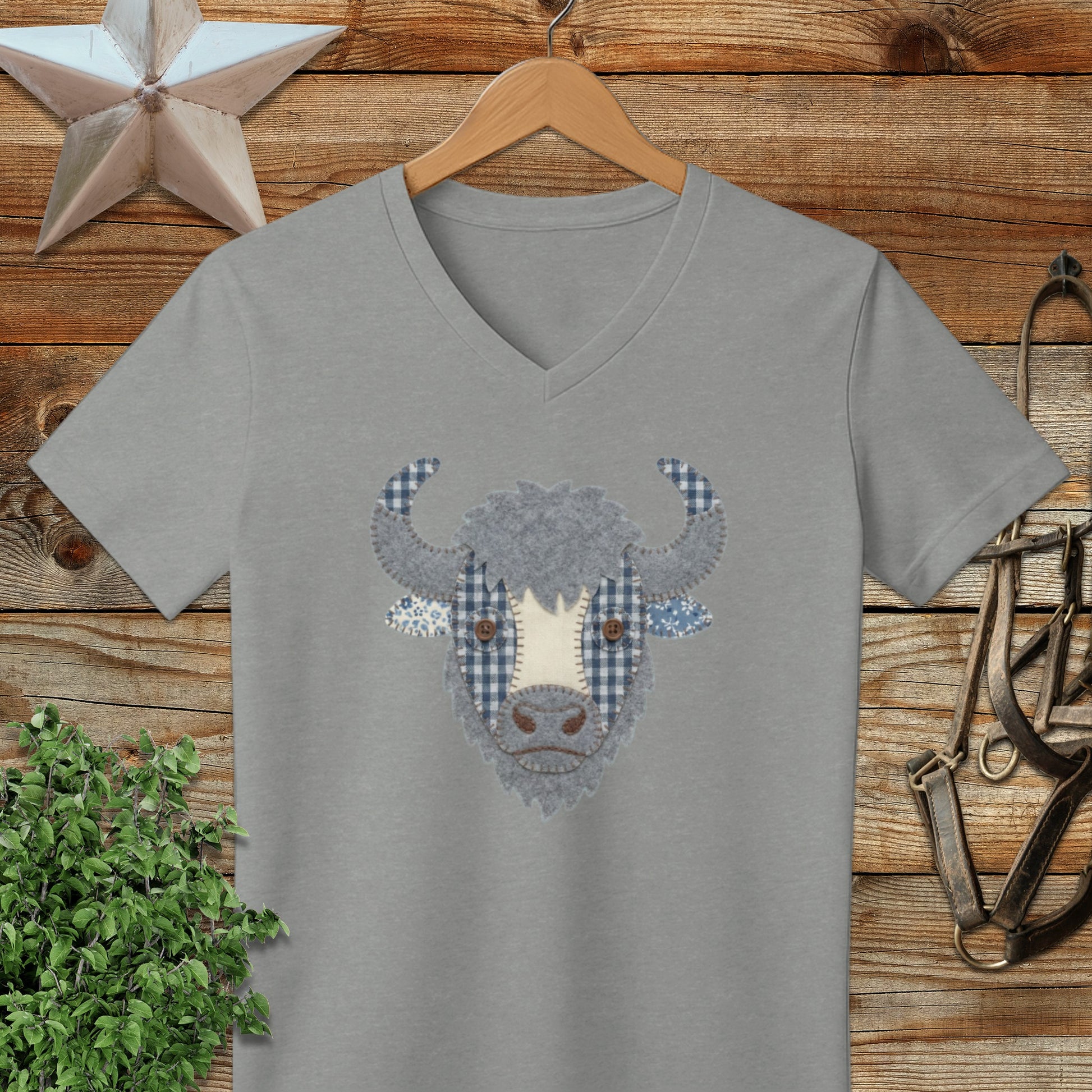 Faux Patchwork Bison V-neck
