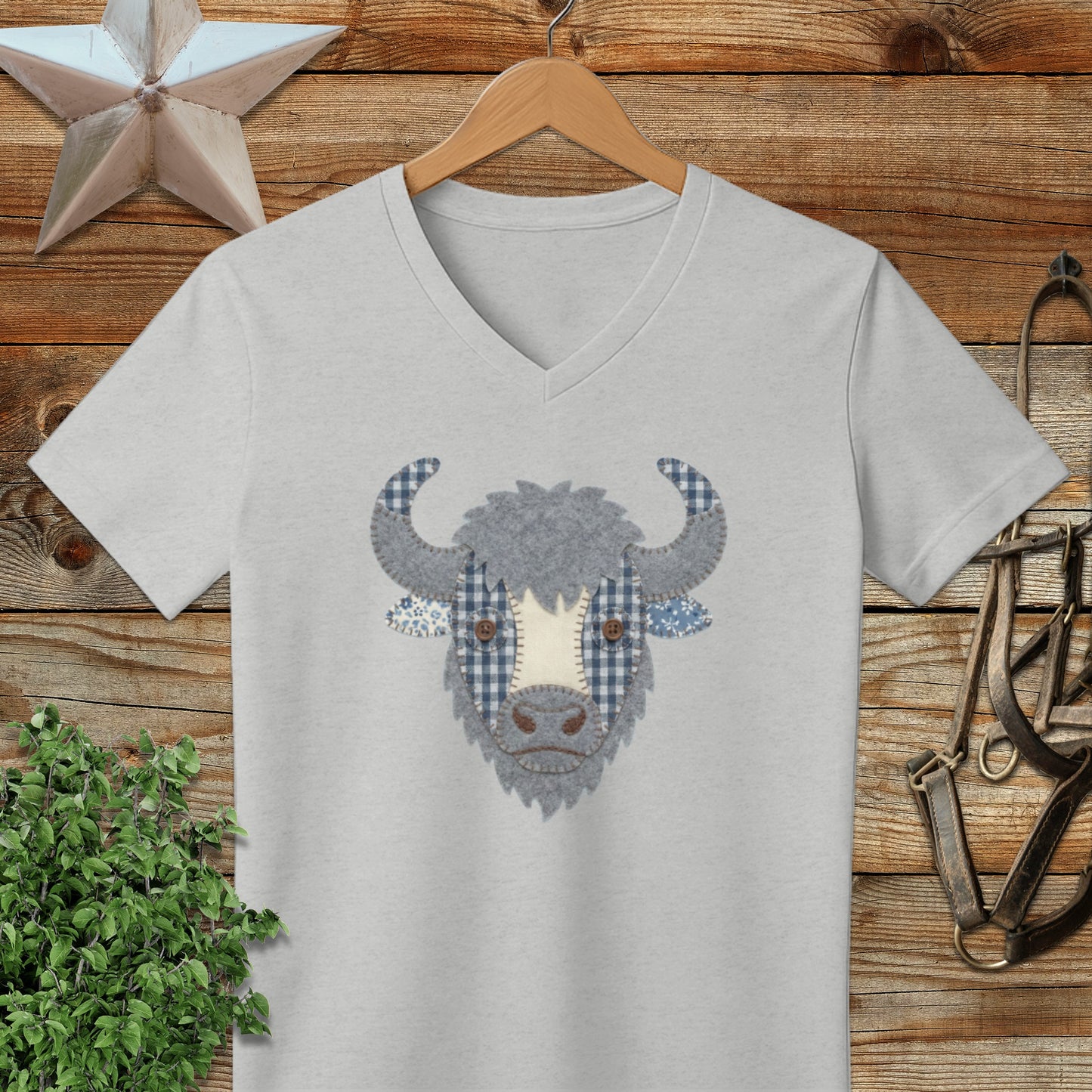 Faux Patchwork Bison V-neck