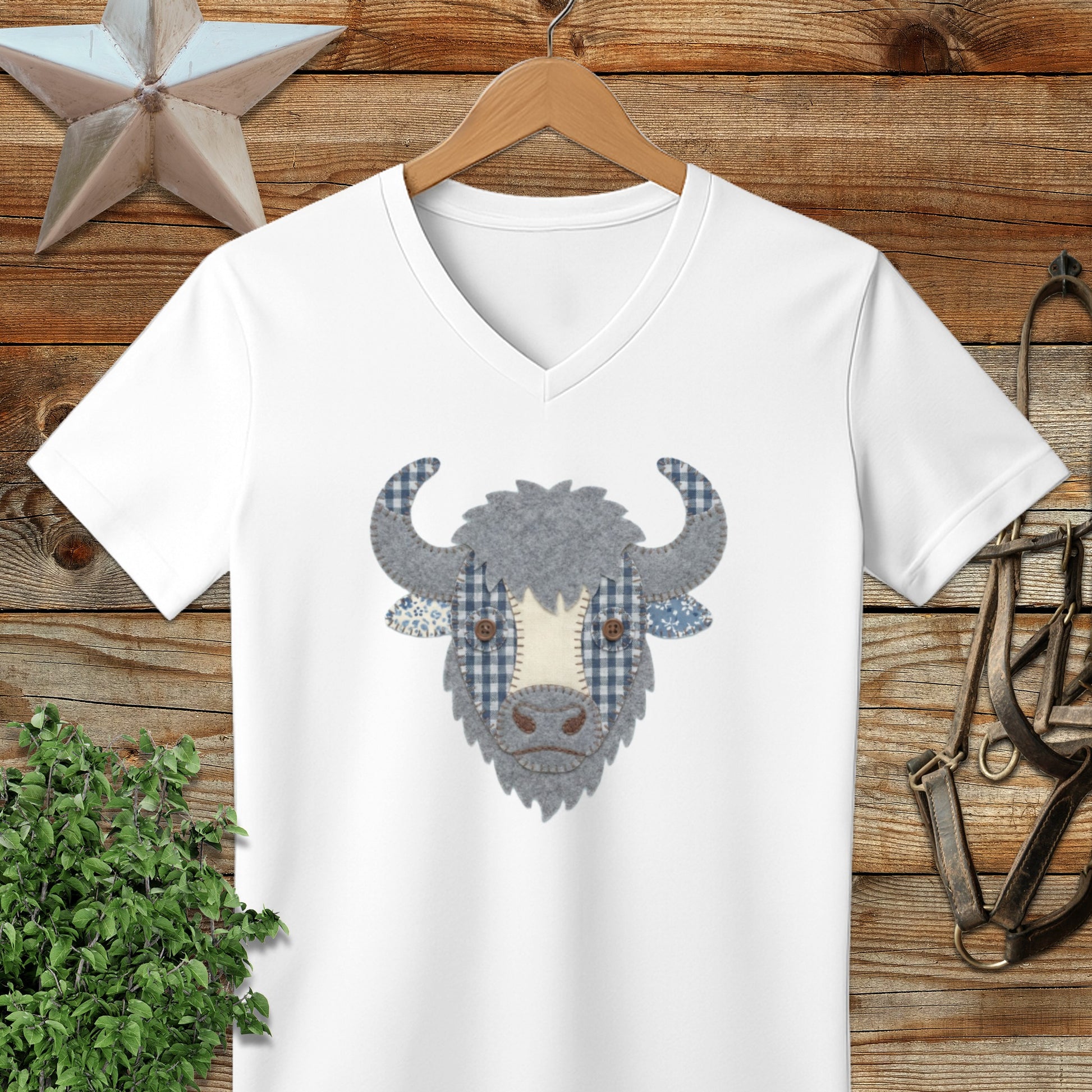 Faux Patchwork Bison V-neck