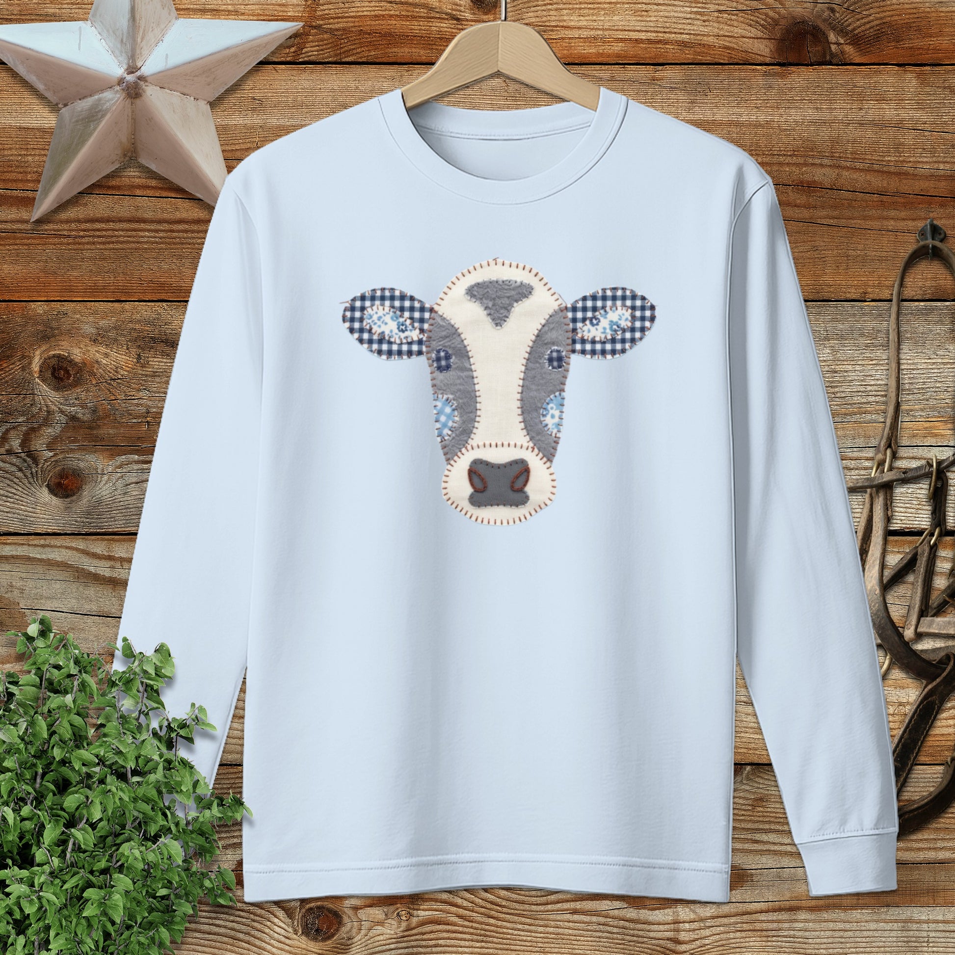 Faux Patchwork Cow Long Sleeve Tee