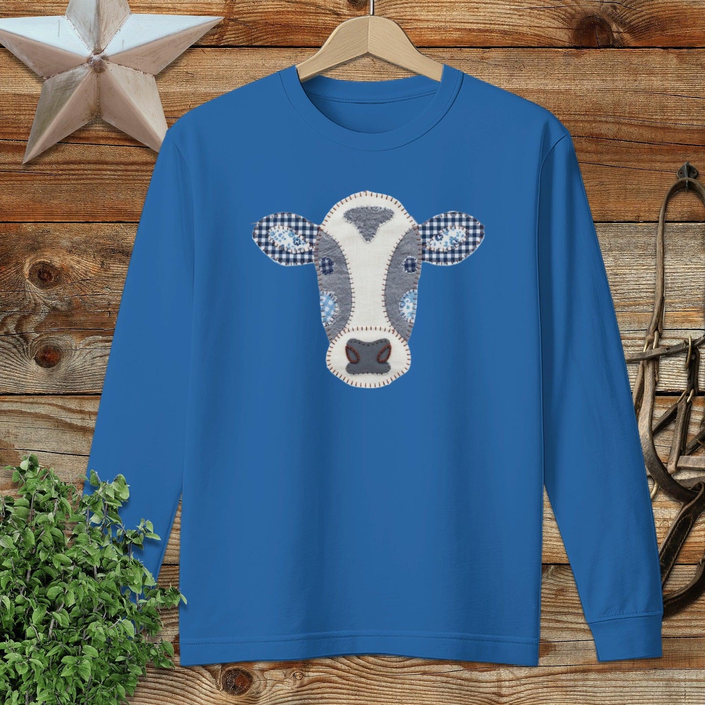 Faux Patchwork Cow Long Sleeve Tee