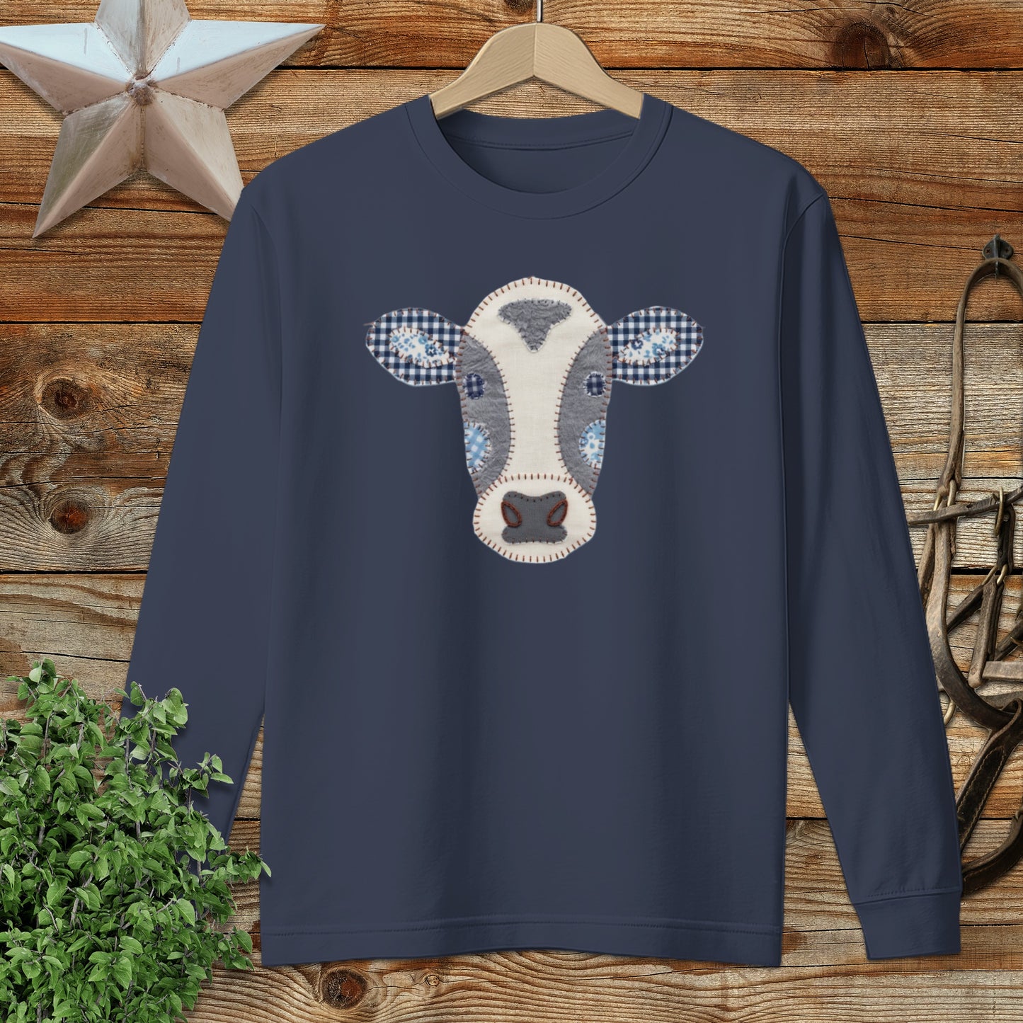 Faux Patchwork Cow Long Sleeve Tee