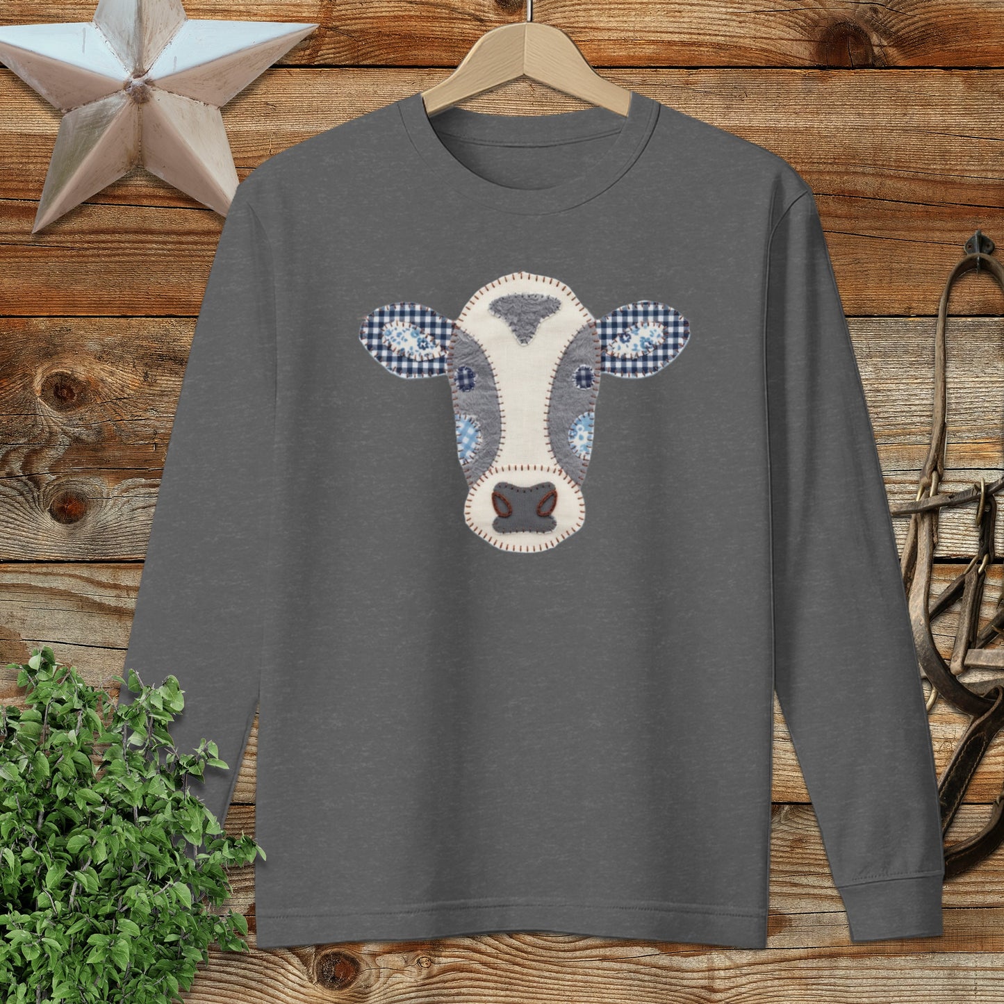 Faux Patchwork Cow Long Sleeve Tee