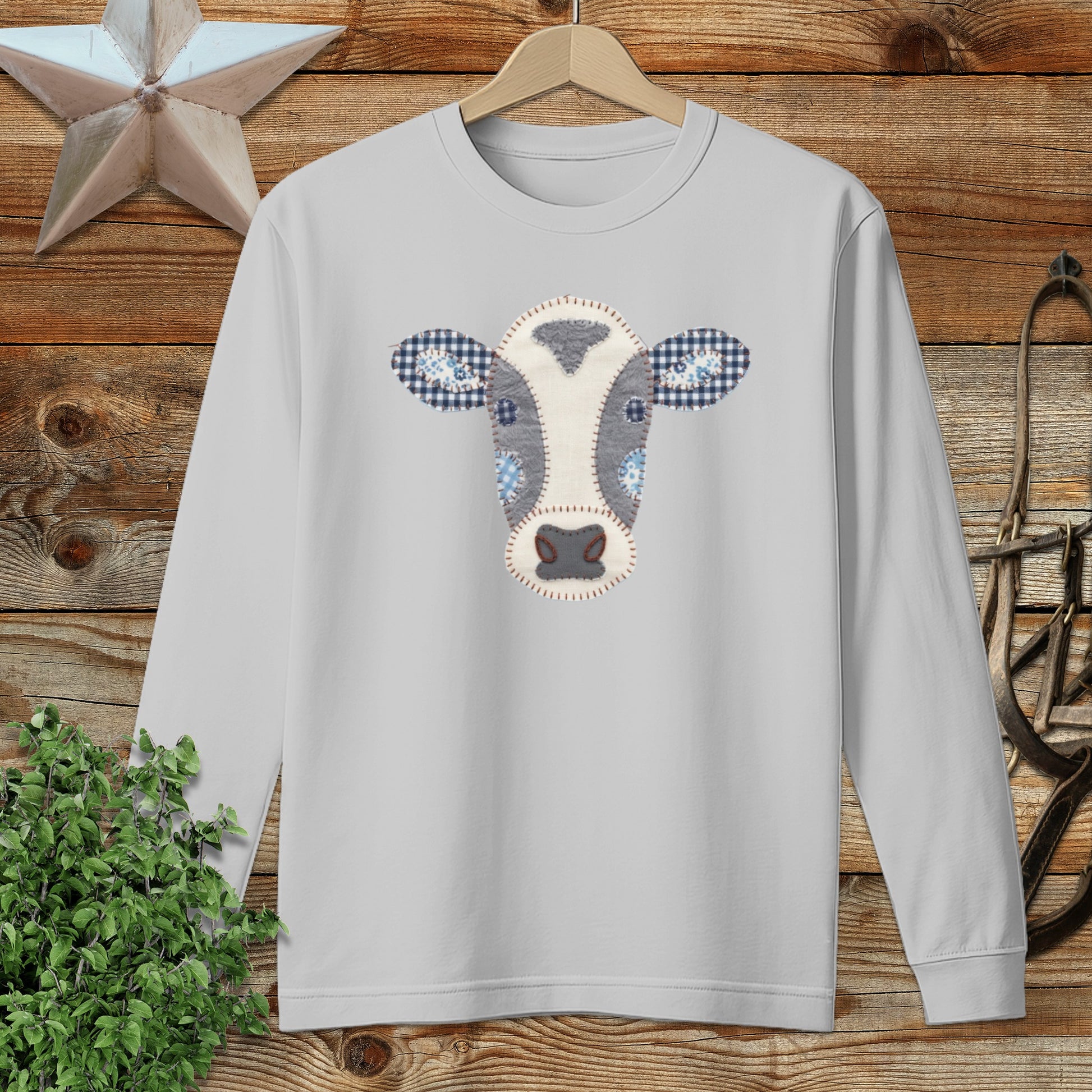 Faux Patchwork Cow Long Sleeve Tee