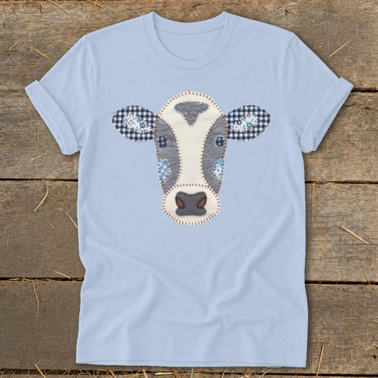 Faux Patchwork Cow Softstyle Tee - Baby Blue