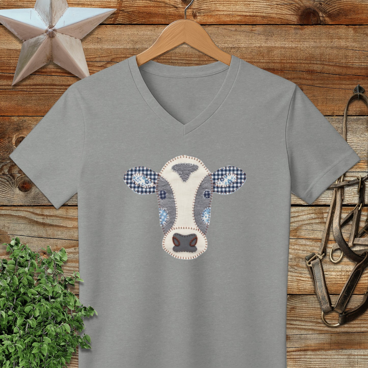 Faux Patchwork Cow V-neck