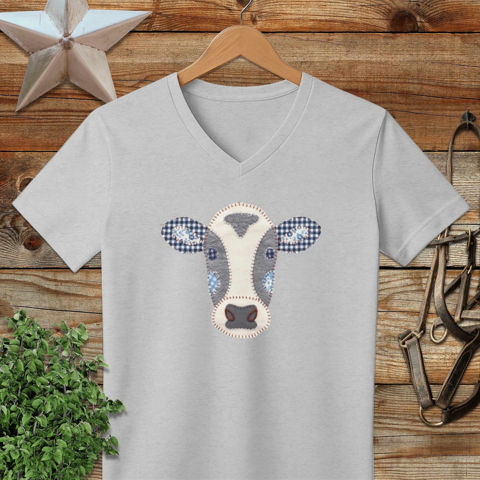 Faux Patchwork Cow V-neck