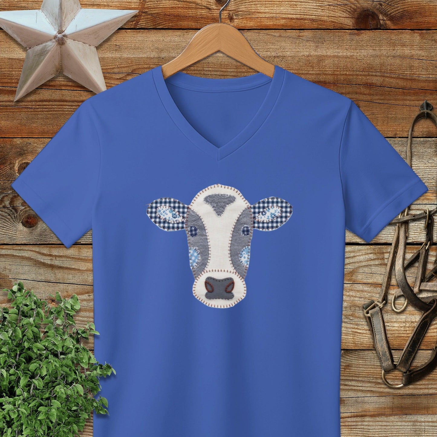 Faux Patchwork Cow V-neck