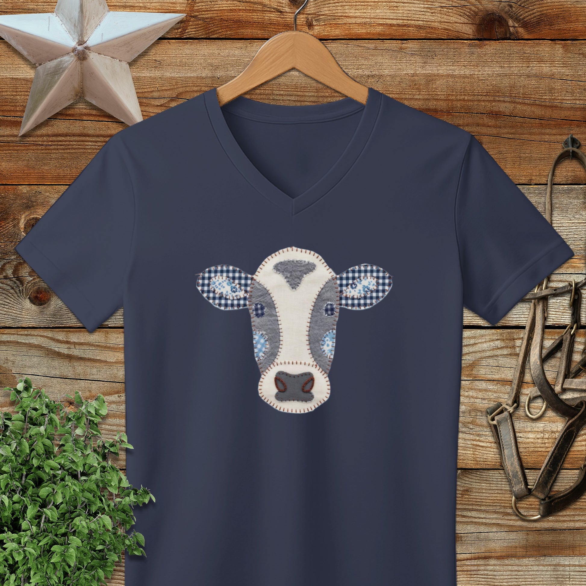 Faux Patchwork Cow V-neck