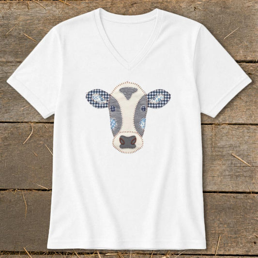 Faux Patchwork Cow V-neck - White