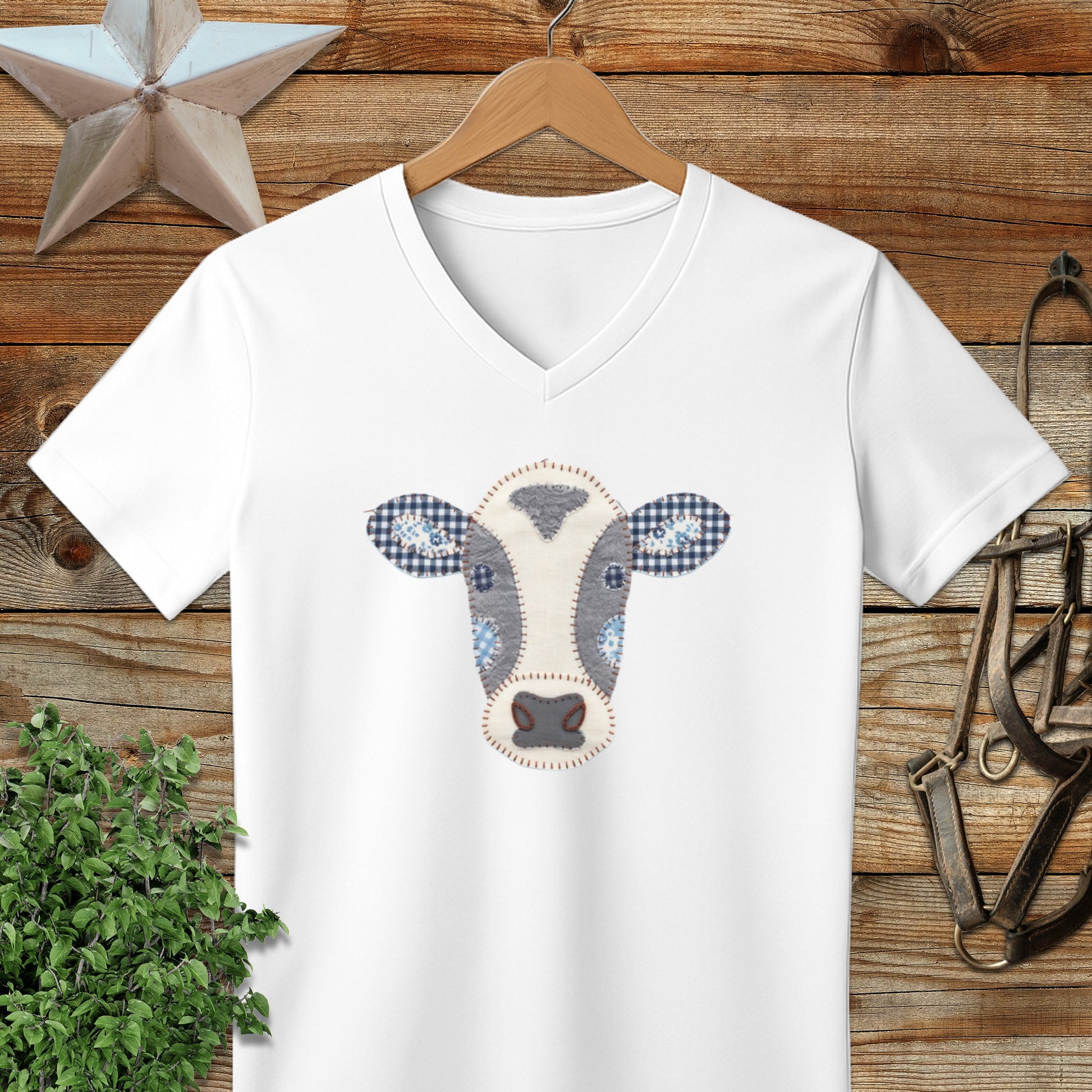 Faux Patchwork Cow V-neck