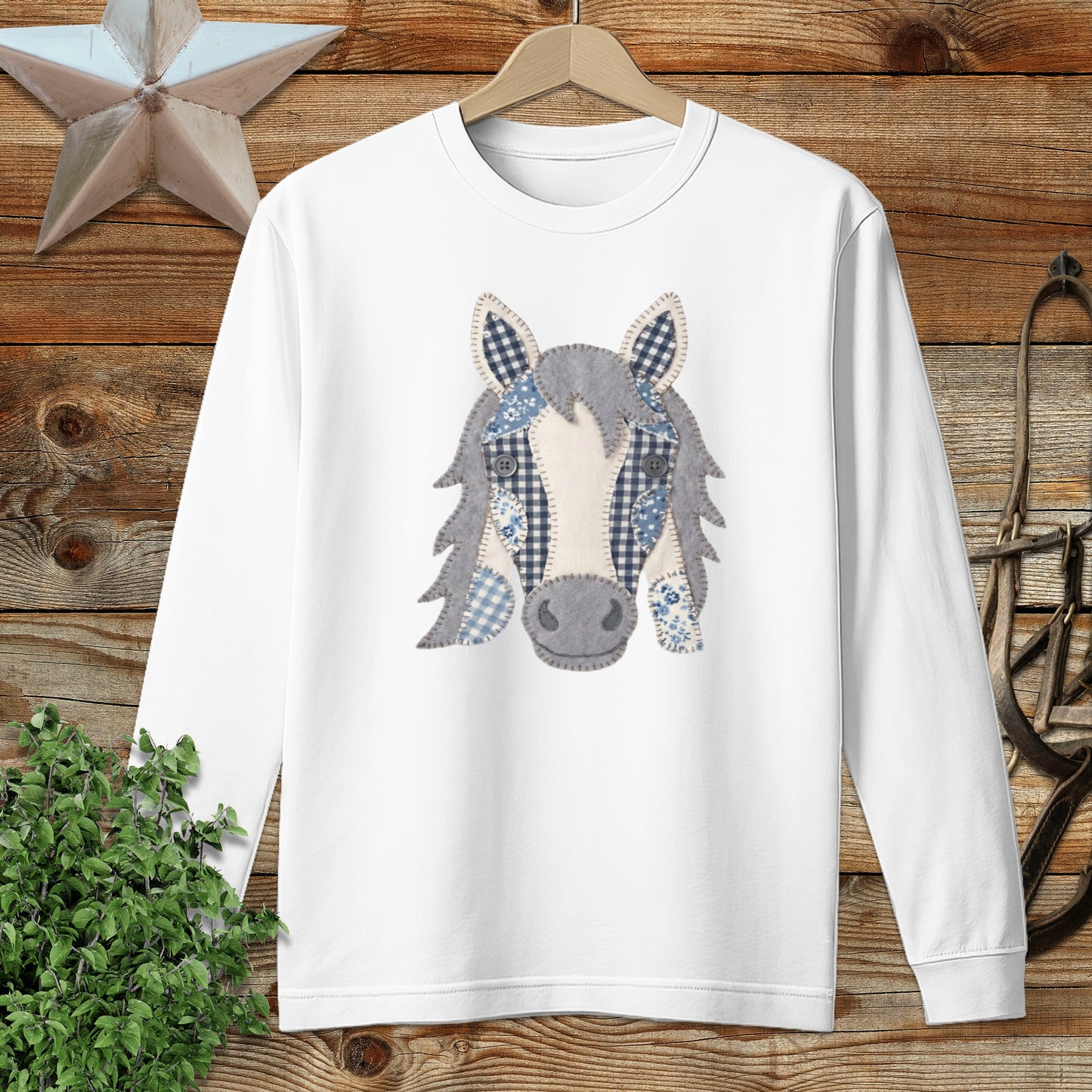 Faux Patchwork Horse Long Sleeve Tee