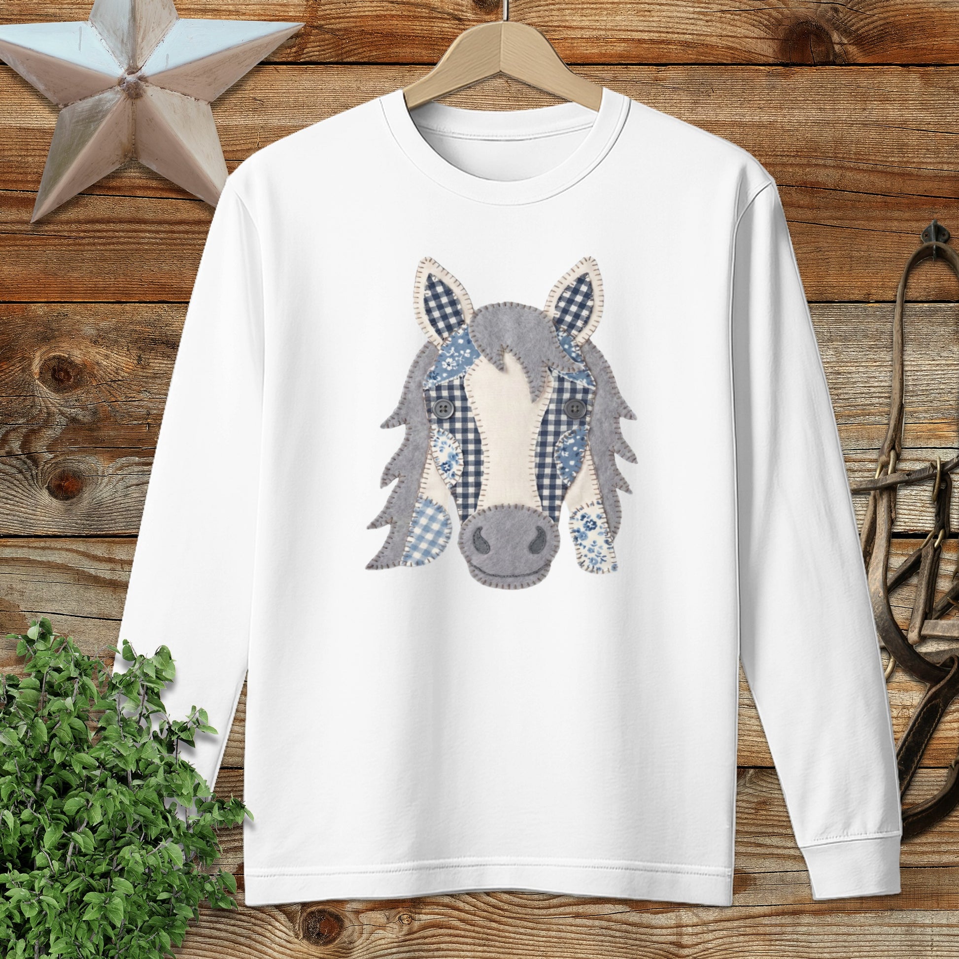 Faux Patchwork Horse Long Sleeve Tee