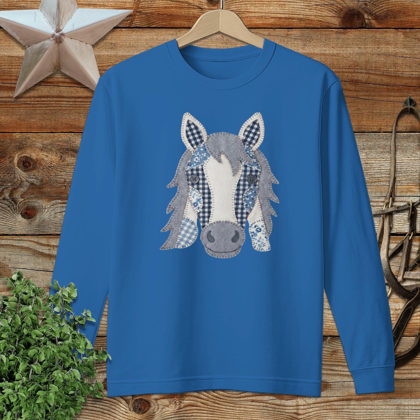 Faux Patchwork Horse Long Sleeve Tee