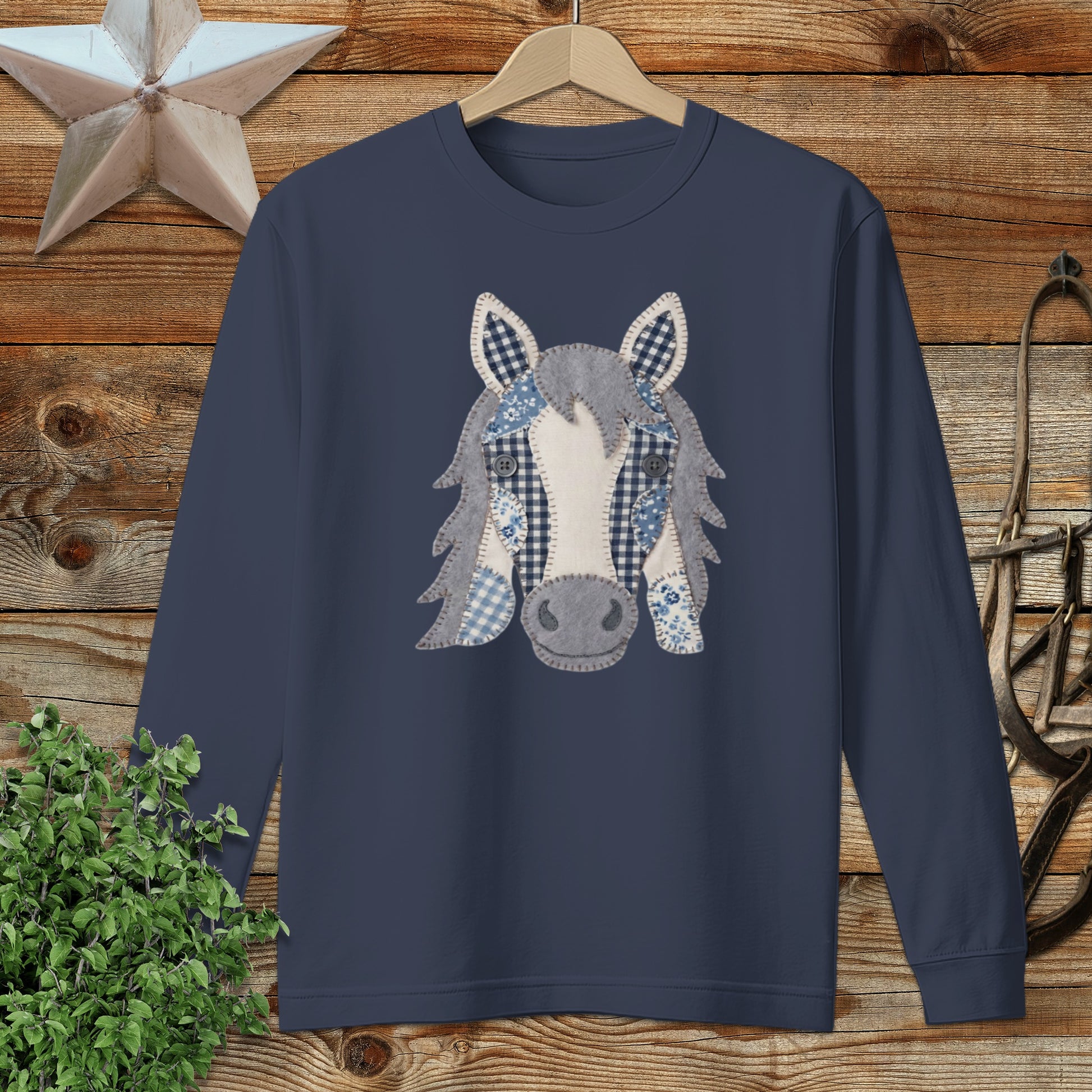 Faux Patchwork Horse Long Sleeve Tee