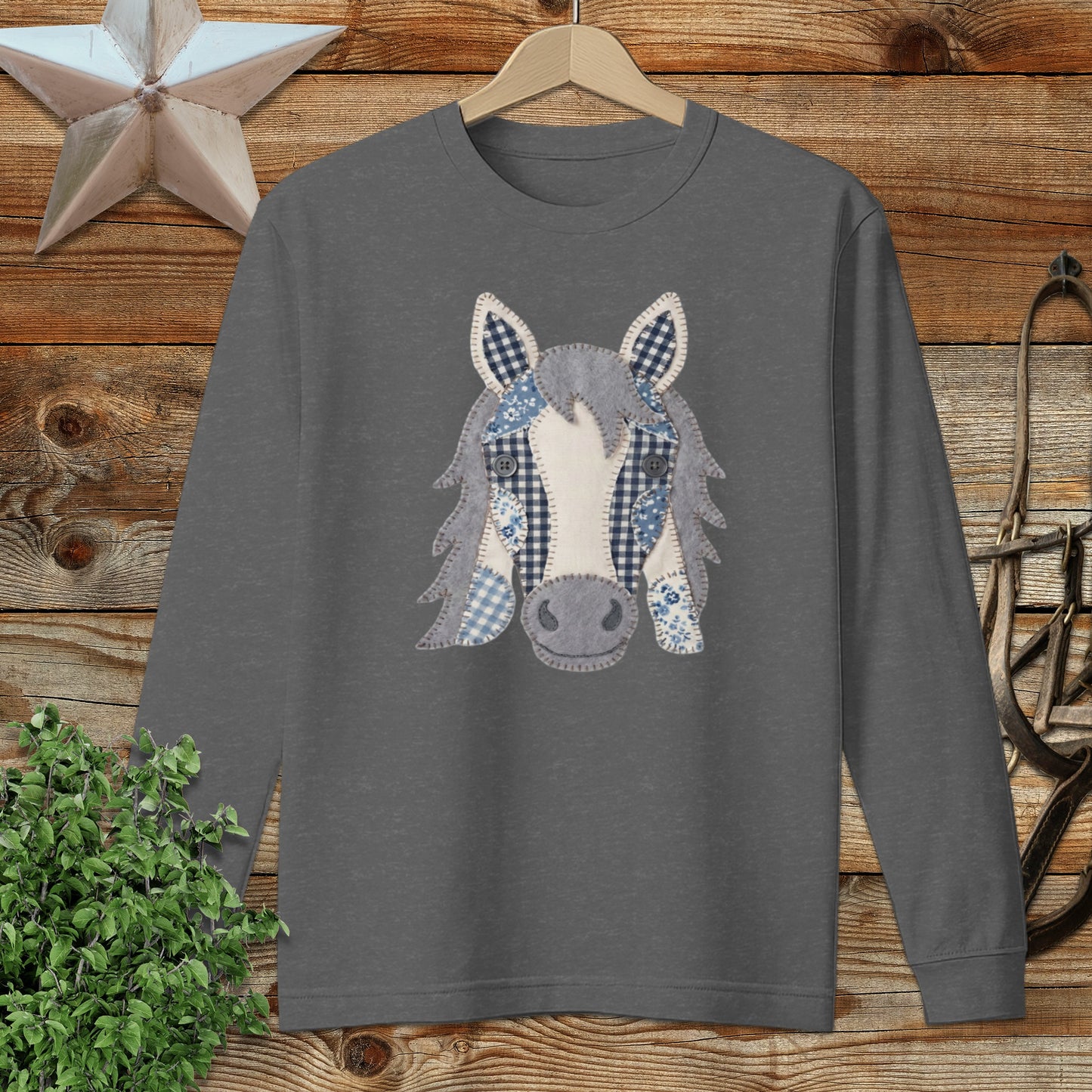 Faux Patchwork Horse Long Sleeve Tee