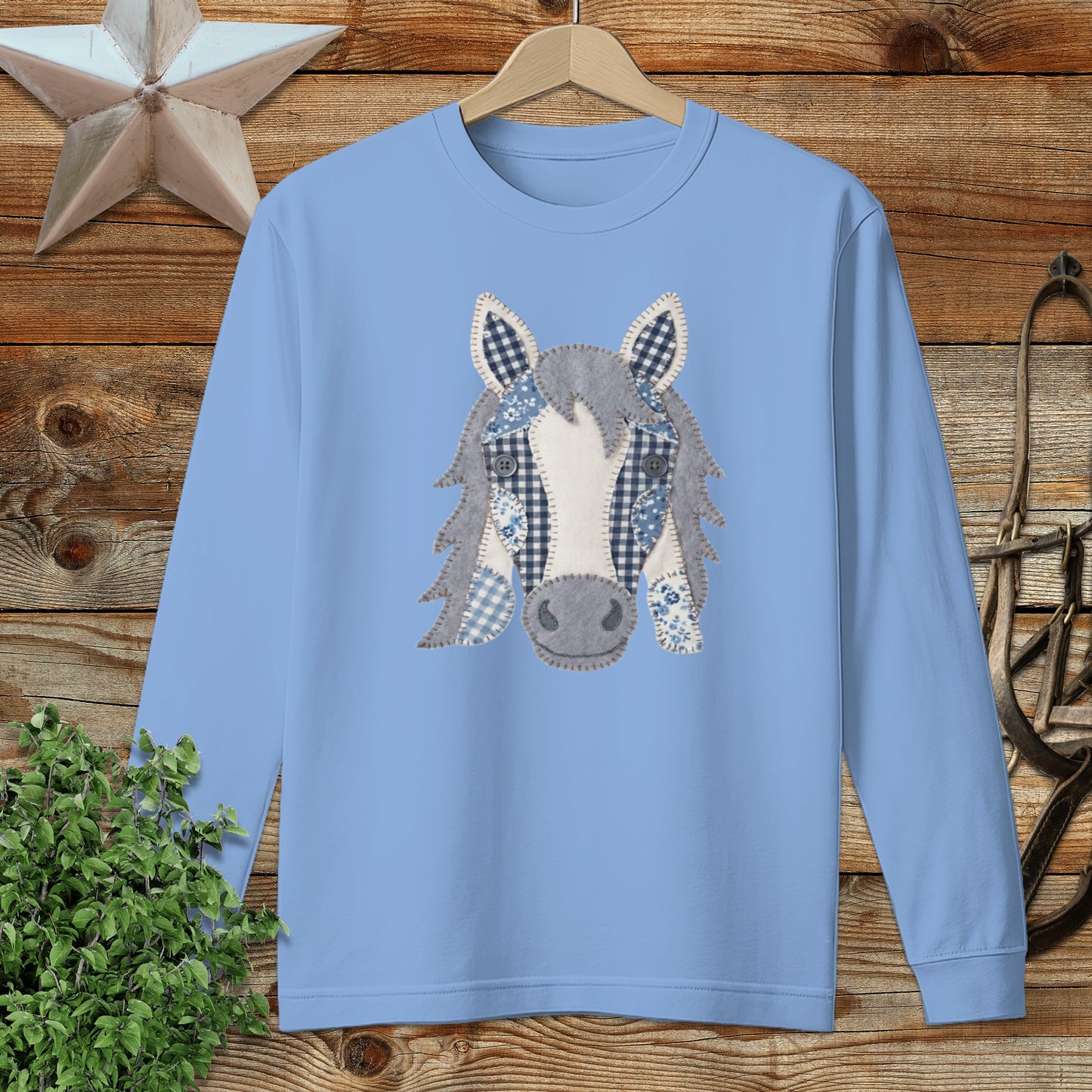 Faux Patchwork Horse Long Sleeve Tee