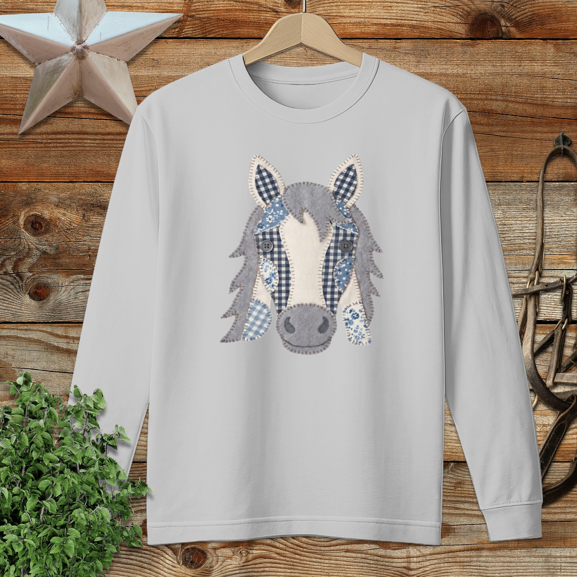 Faux Patchwork Horse Long Sleeve Tee