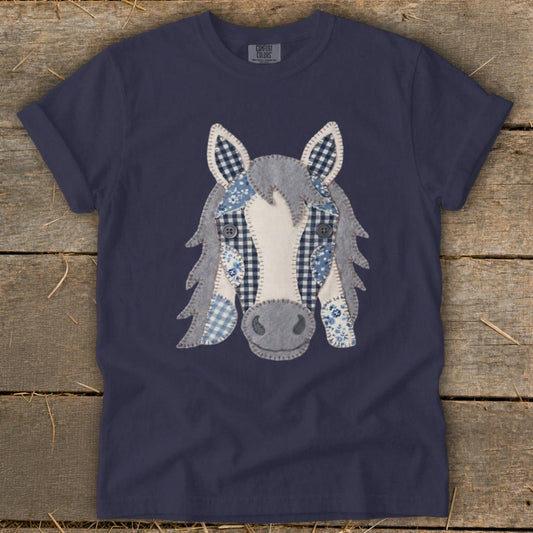 Faux Patchwork Horse Signature Tee - True Navy