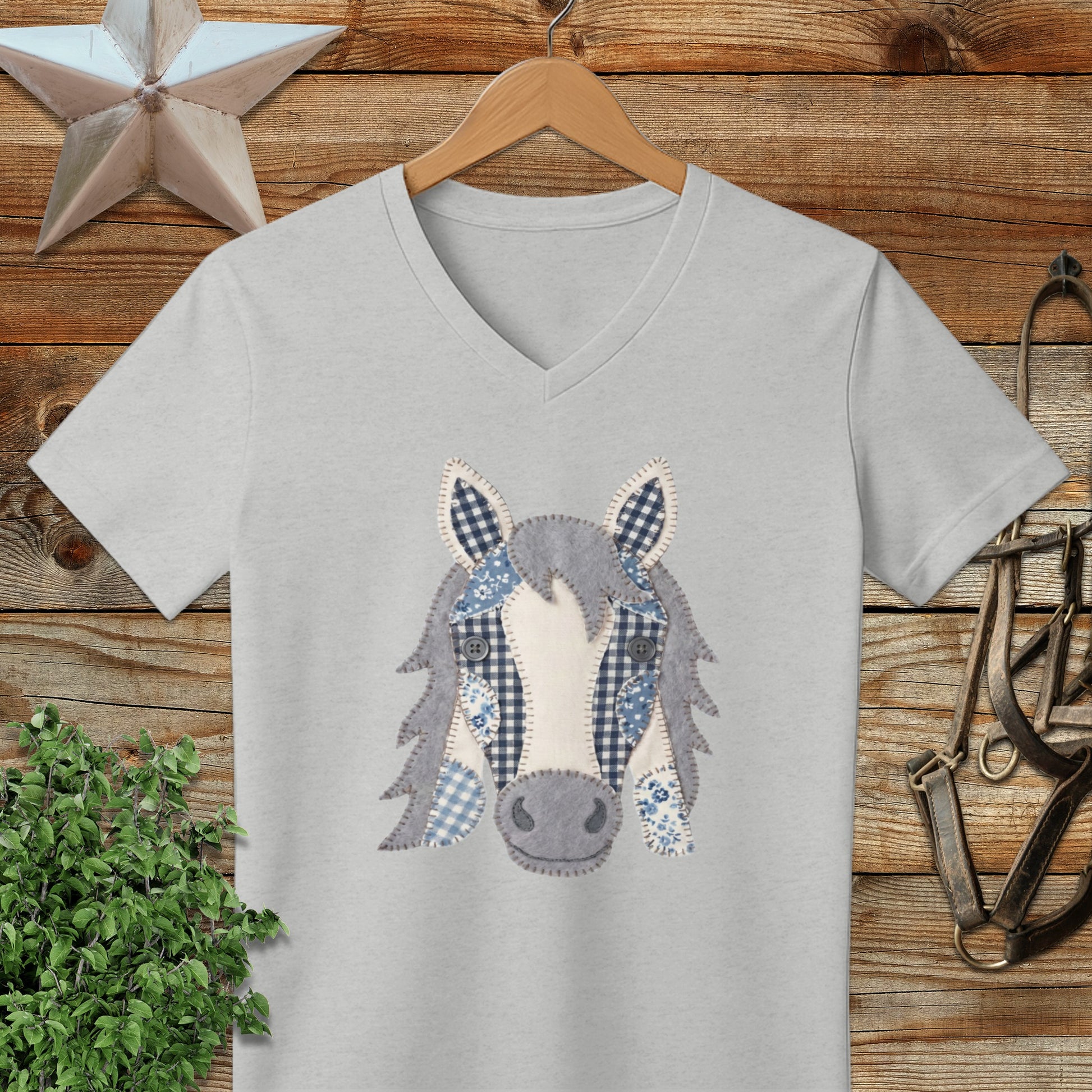 Faux Patchwork Horse V-neck