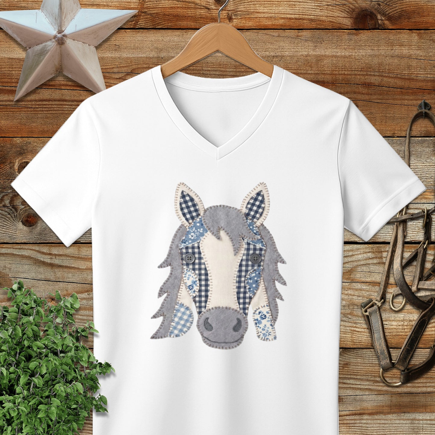 Faux Patchwork Horse V-neck