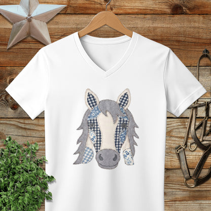 Faux Patchwork Horse V-neck