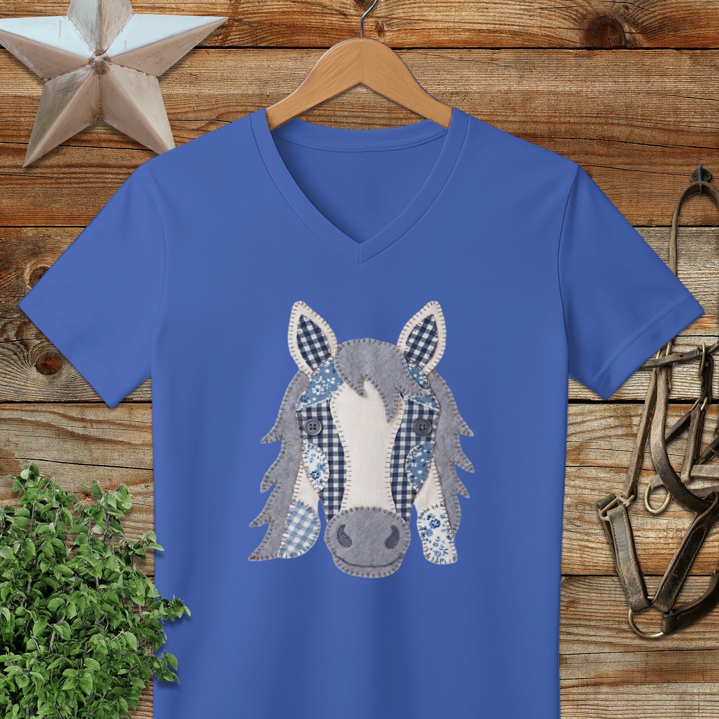 Faux Patchwork Horse V-neck
