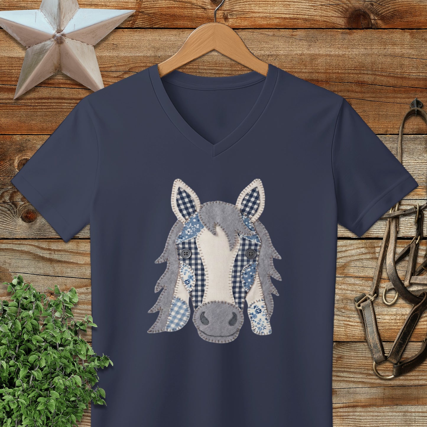 Faux Patchwork Horse V-neck