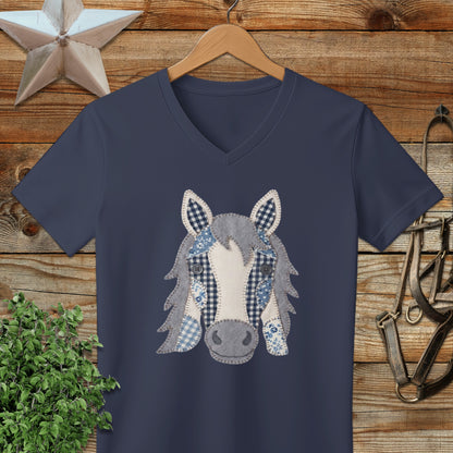 Faux Patchwork Horse V-neck