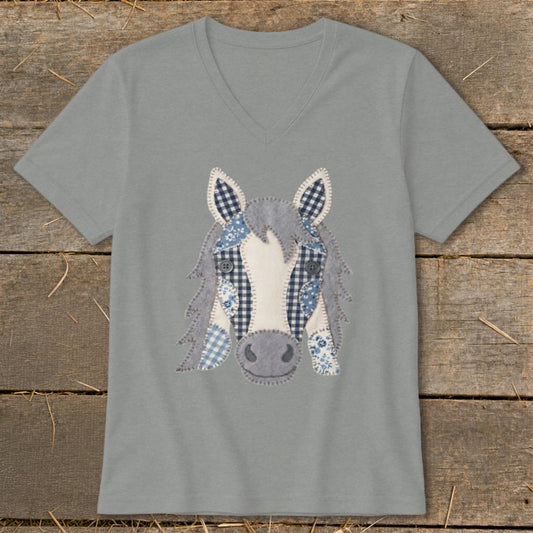 Faux Patchwork Horse V-neck - Deep Heather