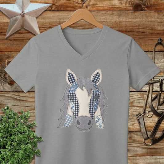 Faux Patchwork Horse V-neck