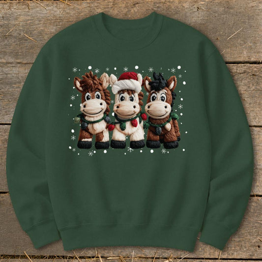 Faux Yarn Christmas Horse Sweatshirt - Forest Green