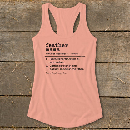 Peach tank top with black text defining "feather mama."