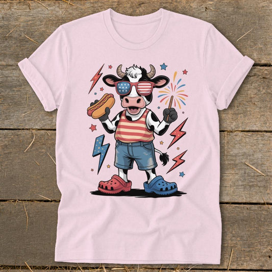 Festive 4th Cow Softstyle Tee - Light Pink