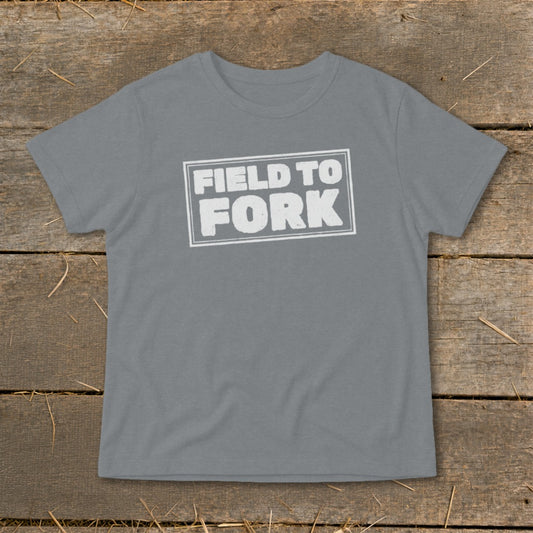 A gray short-sleeve t-shirt with a white stamped box graphic reading FIELD TO FORK.