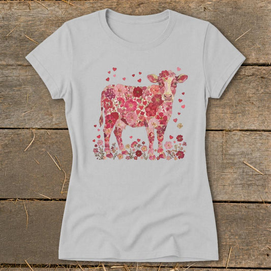 Flowers  Hearts Cow Ladies Tee - Sport Grey