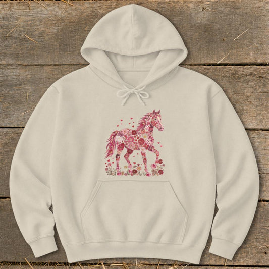 Flowers  Hearts Horse Hoodie - Sand