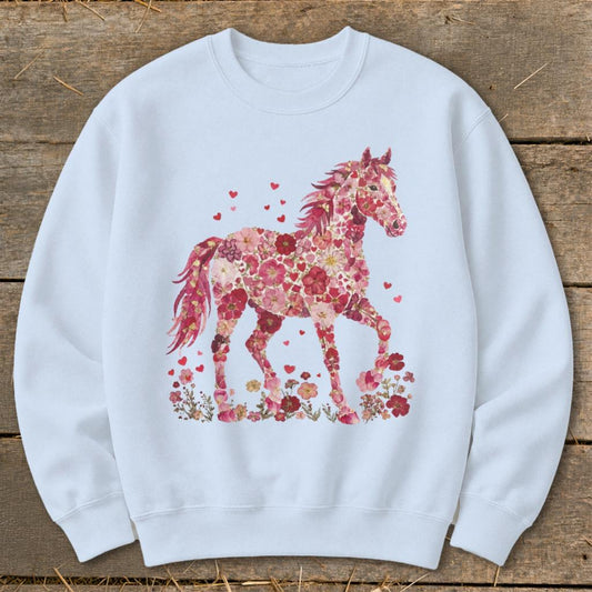 Flowers  Hearts Horse Sweatshirt - Light Blue