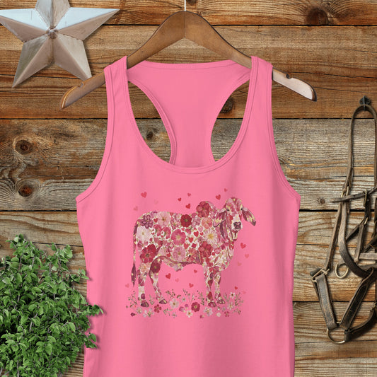 Flowers & Hearts - Brahman Cow Racerback Tank