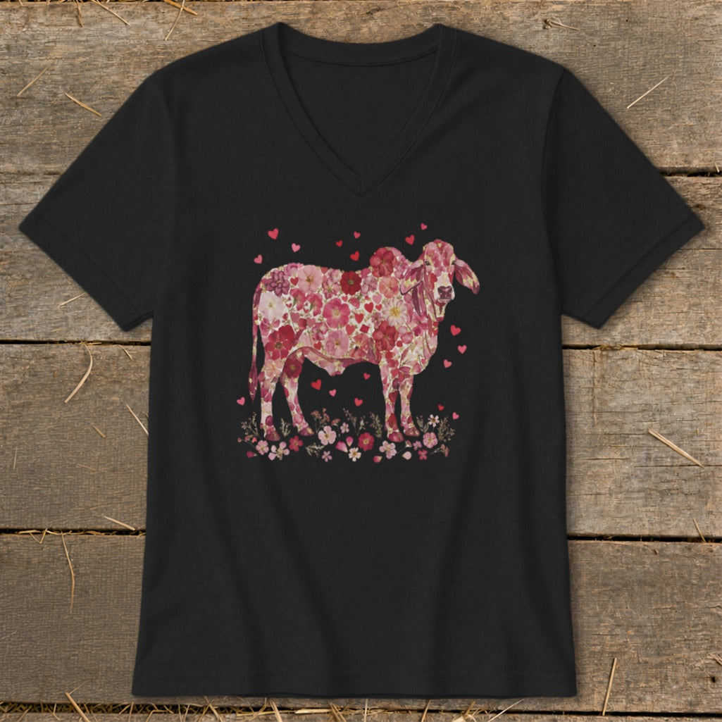 Flowers & Hearts - Brahman Cow V-neck