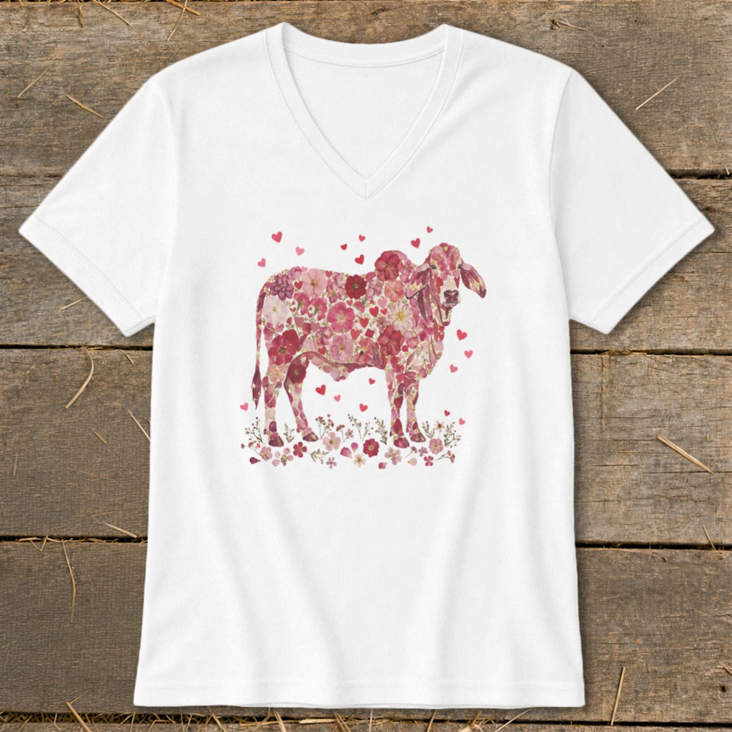 Flowers & Hearts - Brahman Cow V-neck