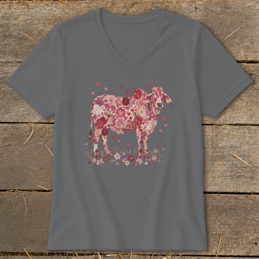 Flowers & Hearts - Brahman Cow V-neck