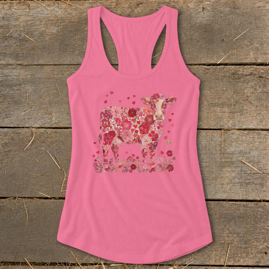 Flowers & Hearts Cow Racerback Tank
