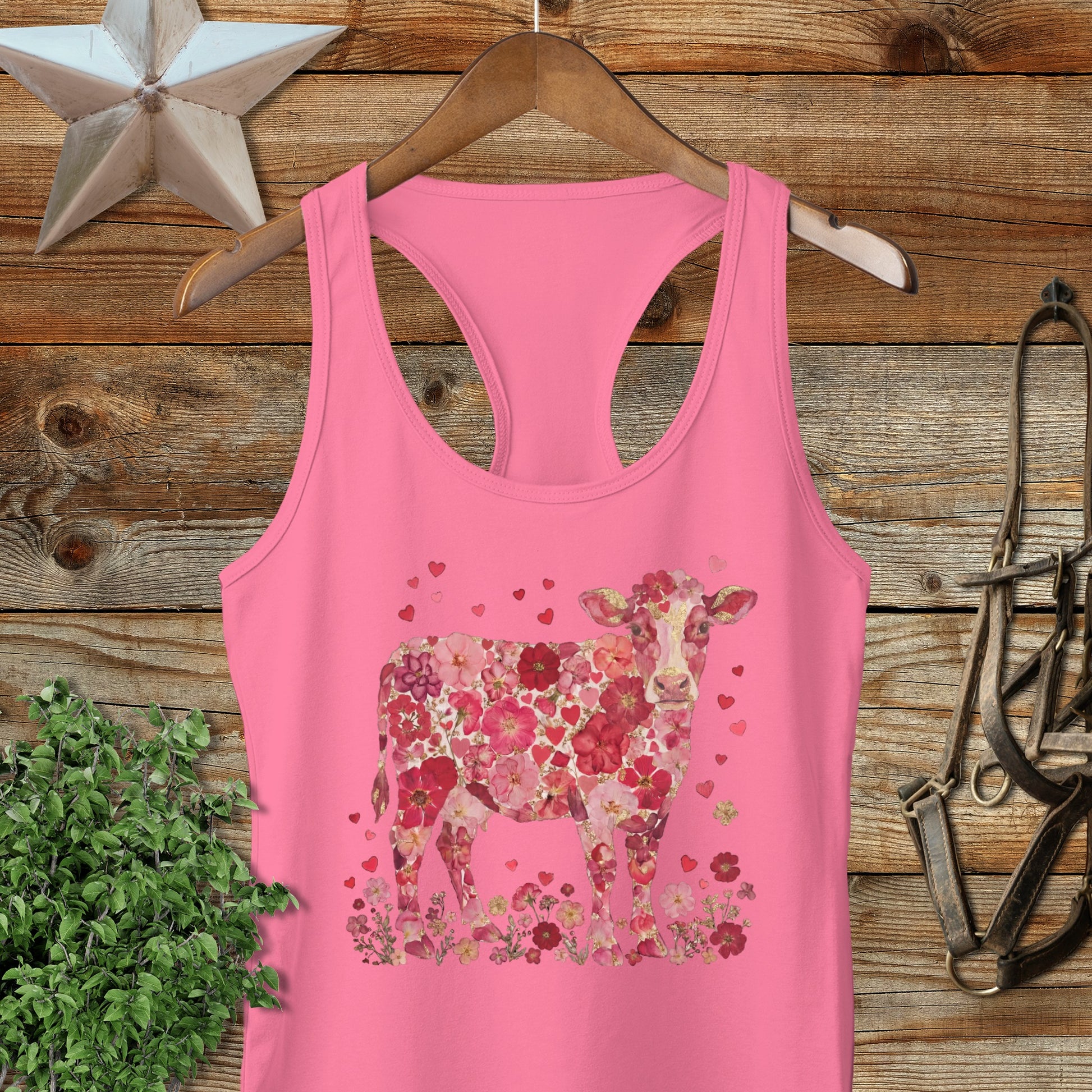 Flowers & Hearts Cow Racerback Tank