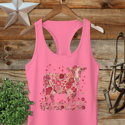 Flowers & Hearts Cow Racerback Tank