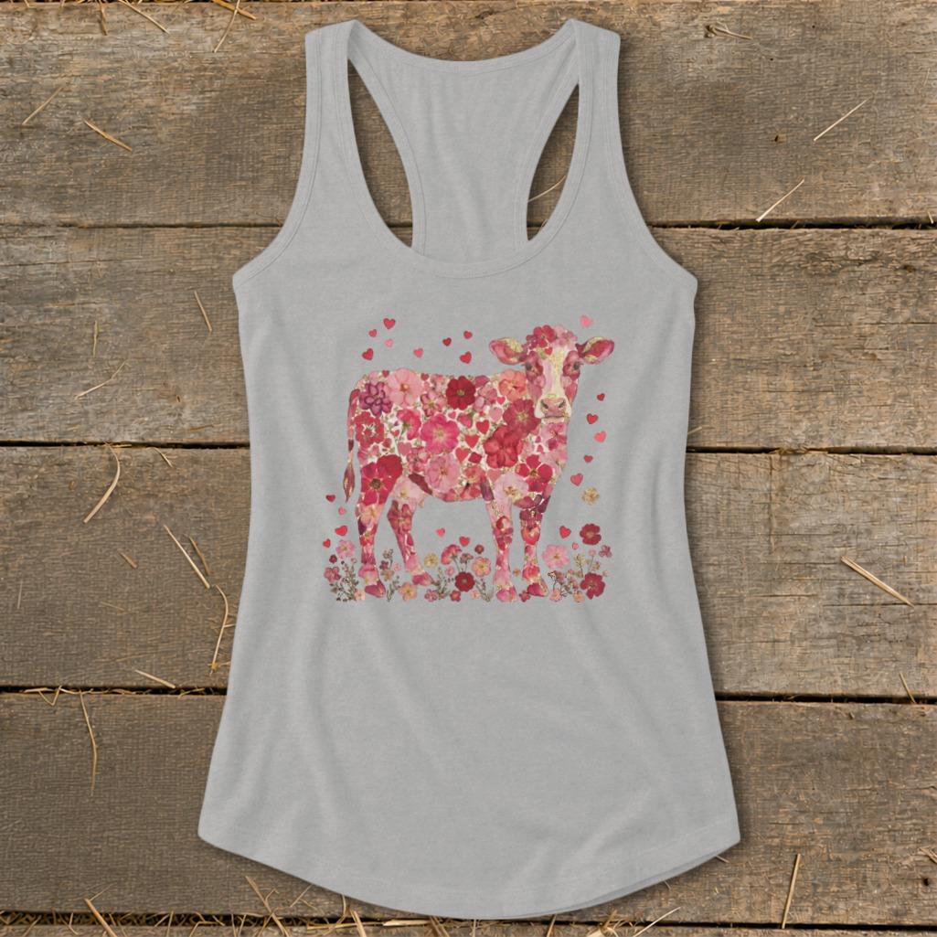 Flowers & Hearts Cow Racerback Tank