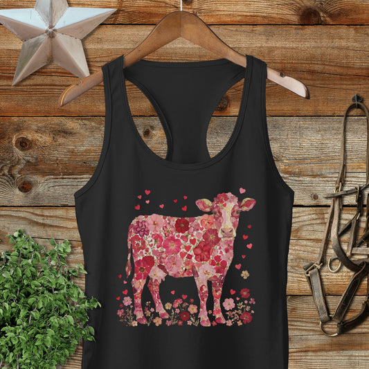 Flowers & Hearts Cow Racerback Tank