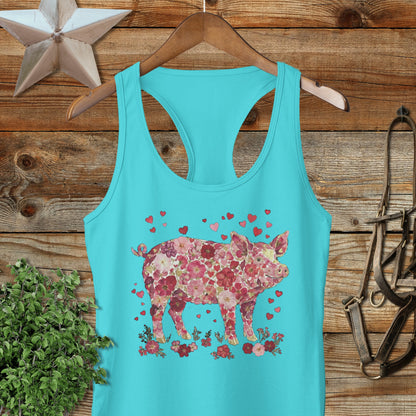 Flowers & Hearts - Pig Racerback Tank