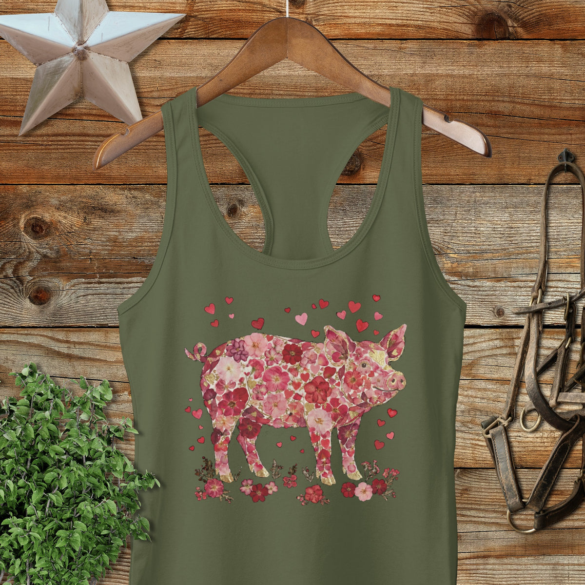 Flowers & Hearts - Pig Racerback Tank