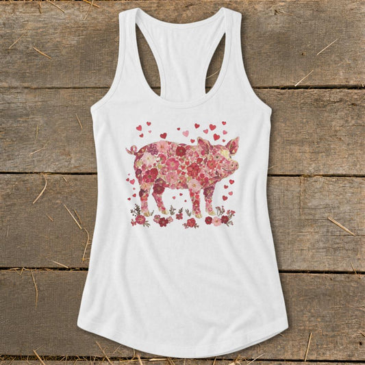 Flowers & Hearts - Pig Racerback Tank